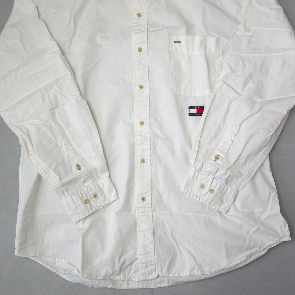 Tommy Jeans Mens Band Collar Button Front Shirt Large Off White - Picture 2 of 7